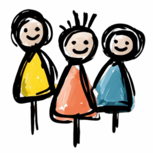 Drei fröhliche, cartoonhaft dargestellte Figuren stehen zusammen; sie tragen bunte Kleidung in Gelb, Orange und Blau und haben lächelnde Gesichter.