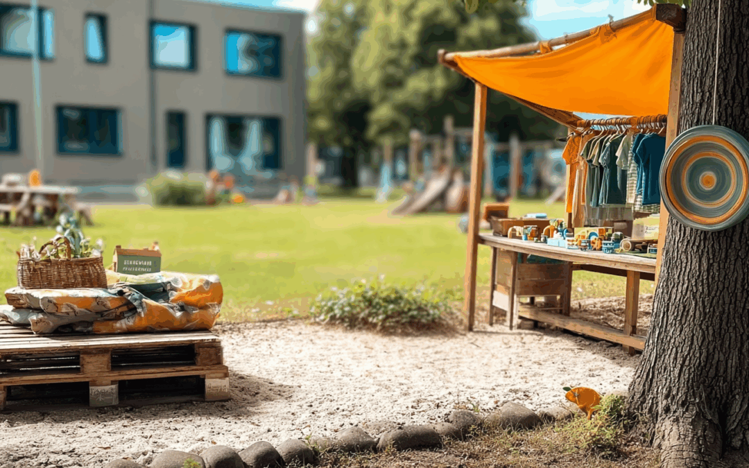 Sonniger Kindergarten-Flohmarkt an der Kita Landwehr mit Ständen voll von Kinderkleidung und Spielzeug im Freien.